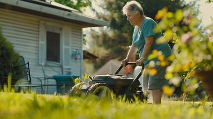 An older woman is using a lawnmower to cut the grass in her backyard.