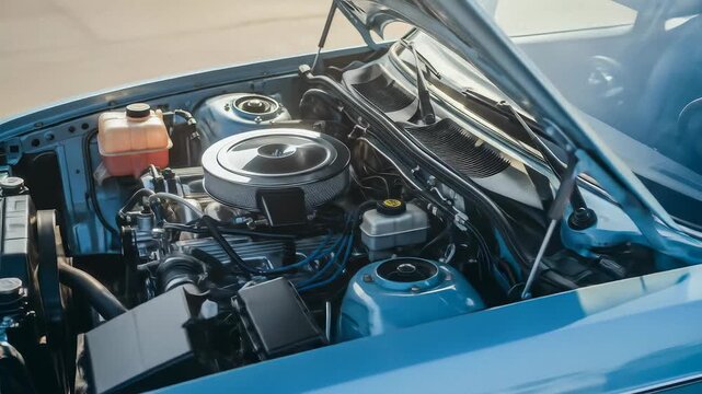 Close up view of a classic blue car engine bay with the hood open, showcasing detailed components and clean mechanics, vehicle maintenance footage.