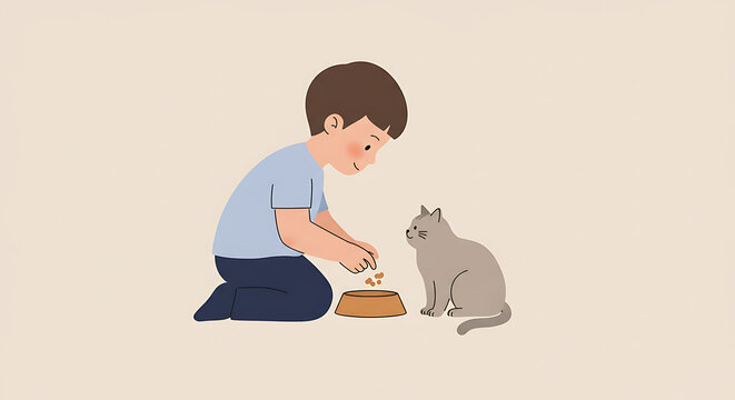 A charming illustration of a young person carefully feeding a cute ginger cat, highlighting the concept of pet care and companionship.