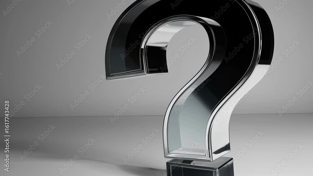 Poster a 3d metallic question mark on a gray background, captured from a low-angle. the style is sleek and 