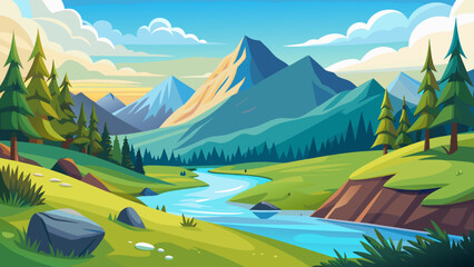 Vector art of a charming cartoon illustration showcases a clear river flowing through a sundrenched valley, surrounded by lush green hills and imposing mountain peaks