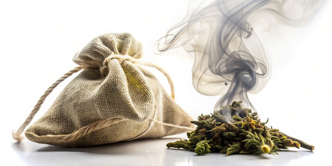 A burlap bag filled with aromatic dried herbs sits on a surface, releasing a wispy trail of smoke that drifts gracefully into the air, creating a tranquil atmosphere
