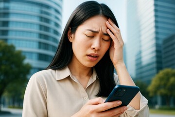 Fototapeta premium Worried person looking at smartphone with hand on forehead in city background showing stress or bad news reaction outdoors during daytime.