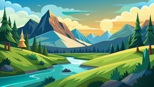 Vector art of a stylized illustration presents a tranquil river winding through a vibrant green landscape, with dramatic mountains and a golden sun dominating the horizon