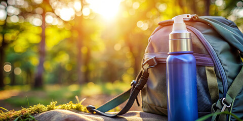 A backpack sits on a rock with a blue water bottle next to it, surrounded by lush greenery in a forest. The sunlight filters through the trees, creating a warm ambiance