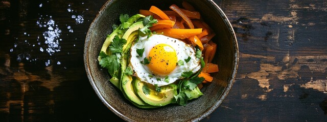Bowl of avocado, roasted peppers, and egg on dark wooden table with shadow. Healthy breakfast concept. banner 
