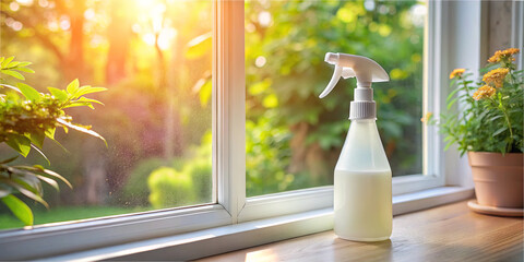 A clear spray bottle stands on a wooden surface, surrounded by green plants and colorful flowers. The warm sunlight filters through the window, creating a soothing atmosphere