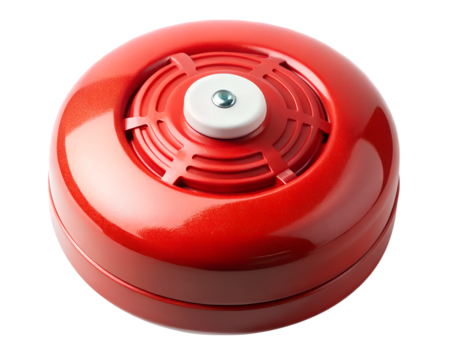 A red round smoke detector alarm with a white center, isolated on transparent background