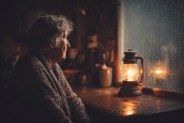Elderly woman sitting alone at a small wooden table in a dimly lit off-grid cabin, gazing sadly out the window as rain falls outside