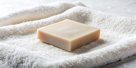 A bar of natural soap is placed on a fluffy white towel, showcasing its smooth texture and neutral color. The light highlights the soap's purity and simplicity, perfect for a serene wash experience
