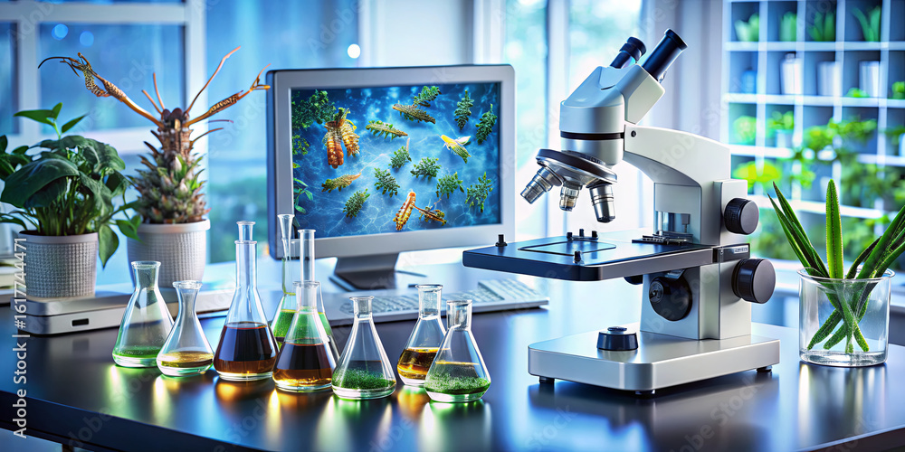 Poster bright laboratory features a microscope at the center, surrounded by flasks filled with colorful liq