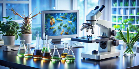Bright laboratory features a microscope at the center, surrounded by flasks filled with colorful liquids and plants. A large computer monitor displays microscopic images of algae