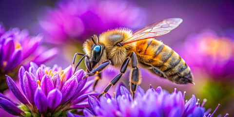 A bee is diligently gathering nectar from bright purple flowers in a flourishing garden. The sunny weather enhances the colors and activity of this busy pollinator