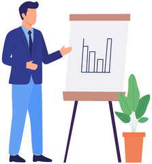 Business Presentation Illustration – Faceless Man in Flat Design Giving Presentation, Office Worker with Chart, Corporate Pitch, Public Speaking, Vector Business Meeting or Seminar Concept