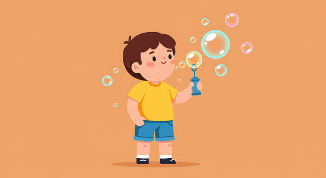 Cute cartoon boy in a yellow shirt blowing colorful soap bubbles with a wand. Playful childhood moment illustration.