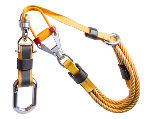 Yellow safety harness lanyard with carabiner isolated on transparent background