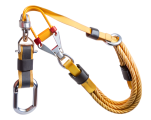 Yellow safety harness lanyard with carabiner isolated on transparent background