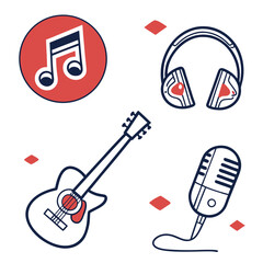 Music Icons Guitar Microphone Headphones and Notes.