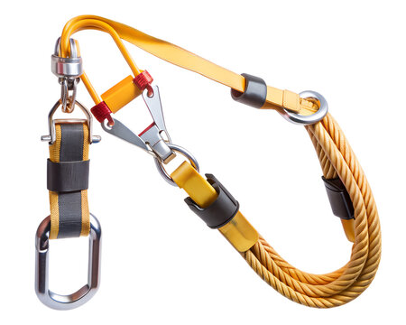 Yellow safety harness lanyard with carabiner isolated on transparent background