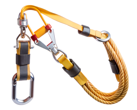 Yellow safety harness lanyard with carabiner isolated on transparent background