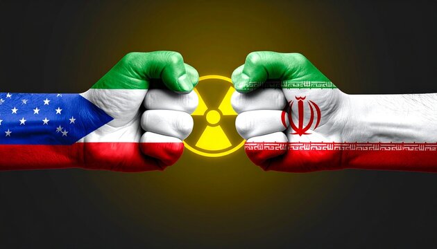 India and Iran flag fists bumping before glowing radioactive symbol on digital red-green background - Powered by Adobe