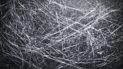 Obraz premium A mesmerizing close-up showcases a jet-black surface etched with a multitude of white scratches forming intricate, chaotic and fine line
