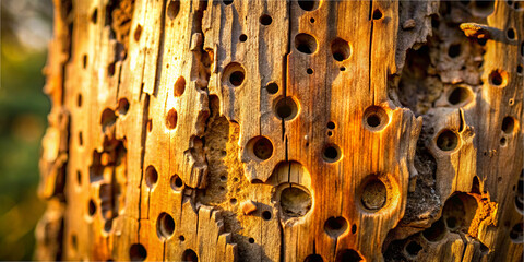 Close-up view of a wooden trunk highlighting various natural holes and textures created by insects. The warm light enhances the intricate details, showcasing nature's artistry