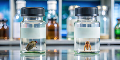 Research involves two insect specimens in glass jars filled with liquid, carefully labeled and displayed on a laboratory counter amid various scientific equipment reflecting advanced study