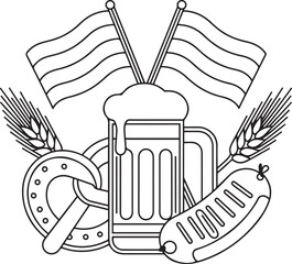 Oktoberfest Icon Set Beer, Pretzel, Sausage, Flags & Barley Line Art
