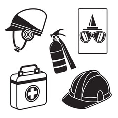 Safety Equipment Icons Helmets Fire Extinguisher First Aid.