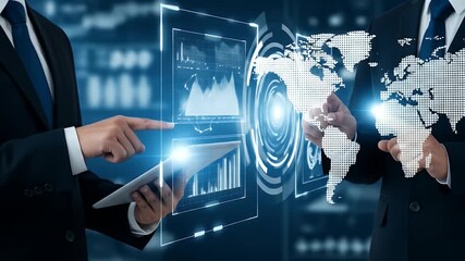 Two businessmen interact with a digital interface displaying a world map and graphs - Powered by Adobe
