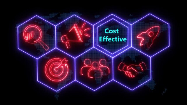 Neon line Cost Effective concept button on a futuristic computer screen. abstract technology background with rotating world map icon, Business, Technology, Internet and networking concept.