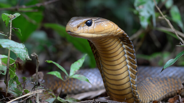 
King cobra with flared hood in rainforest