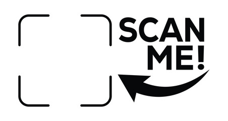Black-and-white minimalist design: "SCAN ME" in bold text within a curved right-pointing arrow, surrounded by rectangular camera viewfinder frames. Clean, high-contrast graphic for digital marketing,  © bibin