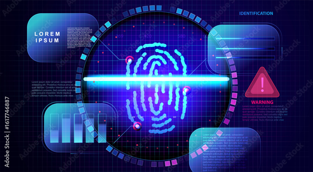 Poster fingerprint ai scan for identity in technology style. hud interface with biometric finger id. icon f