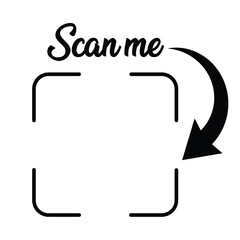 Black-and-white minimalist design: "SCAN ME" in bold text within a curved right-pointing arrow, surrounded by rectangular camera viewfinder frames. Clean, high-contrast graphic for digital marketing,	