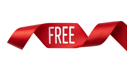 A sleek red ribbon with free text isolated on transparent background, suitable for online and offline promotions
