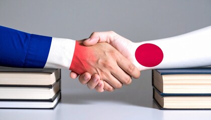 Finland and Japan flags on shaking hands between stacked books symbolizing intellectual cooperation