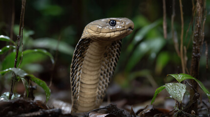 Fototapeta premium King cobra with flared hood in rainforest