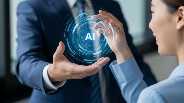 A man passes a glowing artificial intelligence icon to a woman, symbolizing AI knowledge transfer and future innovation footage.