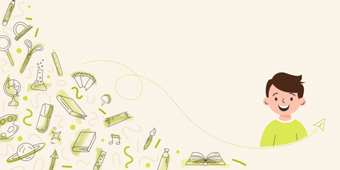 Happy cartoon schoolboy with flying paper plane and colorful education doodles. Includes books, scissors, test tube, planet, pen, palette, and math symbols on light beige background.