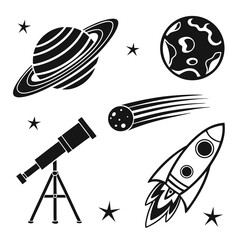 Space Exploration Icons Rocket Telescope Planets Comet.