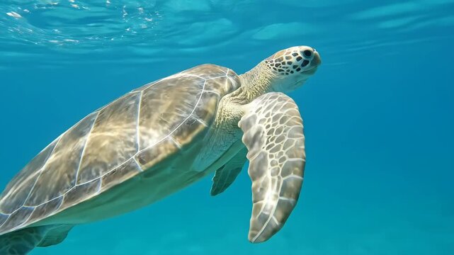 Sea turtle swims upward through turquoise water, slow-motion reveals textured shell and flippers in clear, graceful underwater view.

