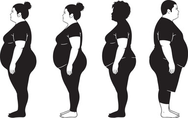 Diverse body types side profile people black and white, people, diverse, body types, side profile, black and white, silhouette, figures, women, men, obesity, health, illustration, graphic, representat