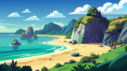 Obraz premium Vector art of a beautiful tropical beach with turquoise water, green cliffs, and blue sky on a sunny day