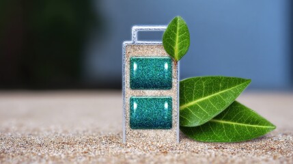 Battery icon filled with sand and topped with green leaves on a sandy surface creating a natural energy concept