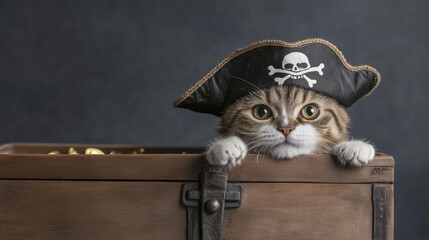 Fototapeta premium Playful cat dressed as pirate, wearing hat with skull and crossbones, peeks out from treasure chest filled with gold coins. This charming scene captures adventurous spirit of feline pirate