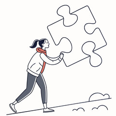 Fototapeta premium Girl Holding Puzzle Piece – Symbol of Problem Solving, Learning, Autism Awareness, Teamwork, and Cognitive Development; Educational and Inspirational Illustration for Growth, Connection, and Understan