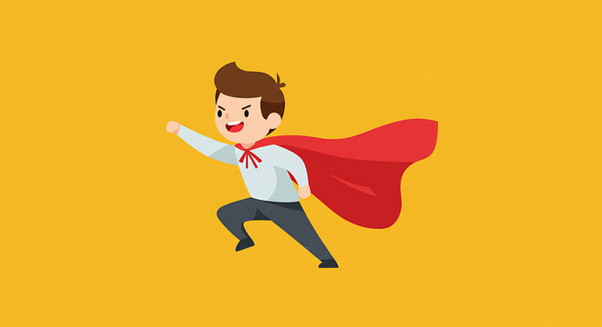 Young Boy Hero with Red Cape Running Confidently Against Yellow Background
