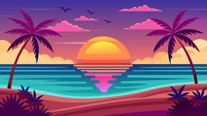 Vector art of vibrant sunset over the ocean with palm trees on a tropical beach
